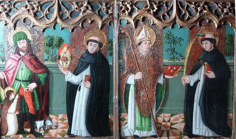 atelier du lauragais,restauration peinture huile sur bois, Saint Roch, Saint Dominique, Saint Pierre martyr et un saint évêque,